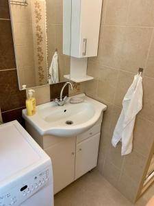 małą łazienkę z umywalką i lustrem. w obiekcie Anita Apartman w Hajduszoboszlo