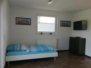 a bedroom with a bed and a window and a television at Apartment Ahrbergen in Giesen