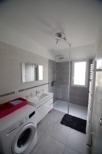 bagno bianco con lavandino e lavatrice di L'Abri-cottage a Isigny-le-Buat