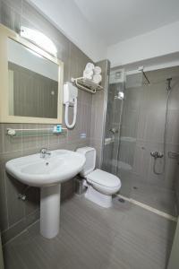 een badkamer met een wastafel, een toilet en een douche bij Astron Hotel in Ierápetra