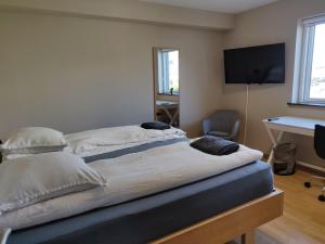 2 Betten in einem Zimmer mit einem Schreibtisch und einem TV in der Unterkunft Eagle View in Nuuk