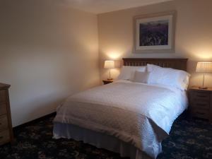 a bedroom with a bed with two night stands and two lamps at Llandeilo Farmhouse in Llandeilo