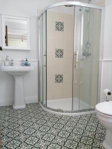 a bathroom with a shower and a sink and a toilet at Biddy Ban’s in Carnmalin +21 photos