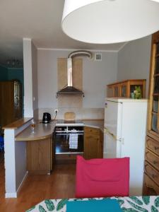 cocina con nevera blanca y fogones horno superior en Apartament Sosnowy en Ustka