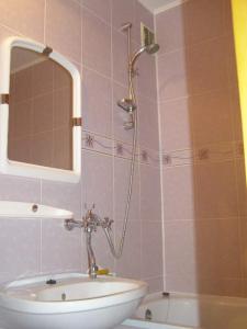 a bathroom with a shower and a sink and a mirror at Comfortable apartments in centre with 3 bedrooms in Rivne