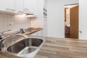 a kitchen with a stainless steel sink and wooden floor at Residenz Alpina 115 in Lenzerheide