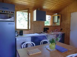 a kitchen with a stove and a sink and a refrigerator at Chalet en Auvergne -Pêche in Roumégoux