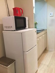a microwave on top of a refrigerator in a kitchen at 駅近-JR小岩駅まで徒歩3分 Leo小岩203 in Tokyo