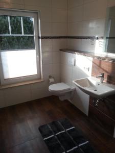 a bathroom with a sink and a toilet and a window at Ferienhaus Michelson in Ostseebad Karlshagen