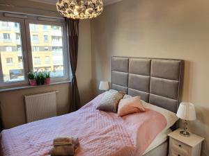 sypialnia z łóżkiem z różowym kocem i oknem w obiekcie Apartament Old Town Teczowa we Wrocławiu
