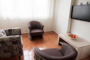 a living room with a chair and a tv at Apartman Preko Morace 2018 in Podgorica