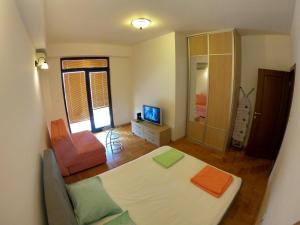 a bedroom with a bed and a couch and a television at Apartman Katja in Herceg-Novi