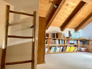 a room with a book shelf filled with books at Tga Clavo in Filisur