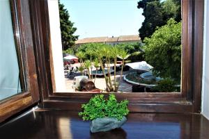 een raam met uitzicht op een patio met planten bij Priorat Boutique in Banyeres del Penedes