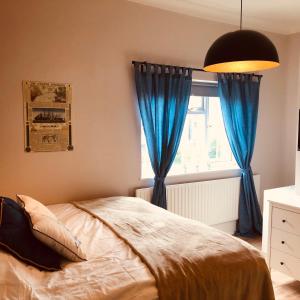 Schlafzimmer mit einem Bett mit blauen Vorhängen und einem Fenster in der Unterkunft Maritime Pods in Portsmouth