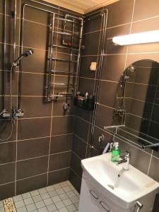 y baño con ducha, lavabo y espejo. en City Apartment Haapaniemenkatu, en Kuopio