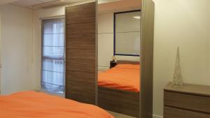 a bedroom with a large mirror and a bed at Gite grand format in Colmar