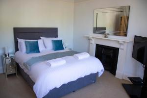 a bedroom with a bed with a fireplace and a mirror at Broad Park Villa in Ilfracombe