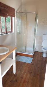a bathroom with a shower and a sink and a toilet at Dune View Cottage in Sodwana Bay