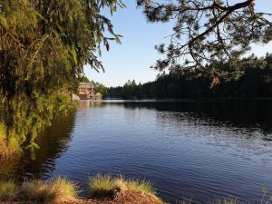 una vista de un lago con una casa a lo lejos en Ferienwohnung Fichtelmountain, en Fichtelberg