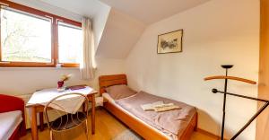 Habitación pequeña con cama y mesa en Hostel Piero, en Liubliana