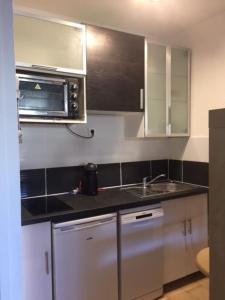 a kitchen with a sink and a microwave at Studio Les Lecques 100m de la plage in Saint-Cyr-sur-Mer