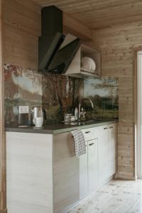 a kitchen with white cabinets and wooden walls at Atpūtas Bāze Ods LOFTS in Bārta