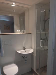 ein Bad mit einem WC, einem Waschbecken und einer Dusche in der Unterkunft Fasthotel Albertville in Albertville