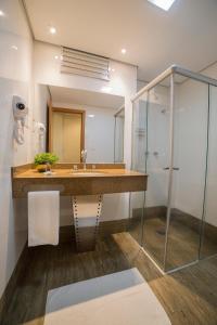 een badkamer met een wastafel en een spiegel bij Hotel Leiria in Matão