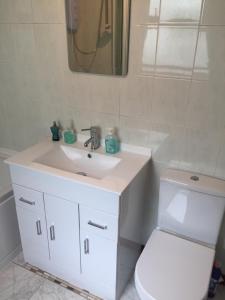 a bathroom with a white sink and a toilet at Tafelta Lodge in Magherafelt