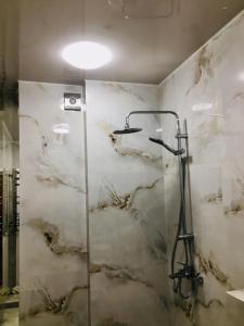 baño con ducha y puerta de cristal en 4-room jacuzzi apartment, en Leópolis