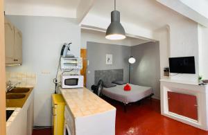 エクス・アン・プロヴァンスにあるGranet Studioのベッドとキッチン付きの小さな部屋