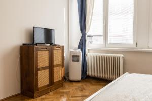a bedroom with a bed and a television and a radiator at Best View Apartments in Bratislava