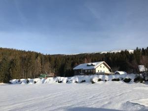 a snow covered field with a house in the background at Ferienwohnung Lackenhäuser in Neureichenau