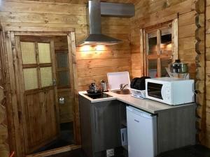 cocina con encimera y microondas en Resort Camping Solopuent, en Castiello de Jaca