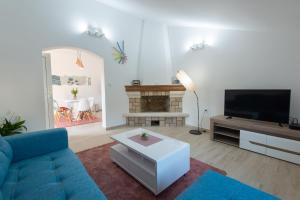 sala de estar con sofá azul y TV en Honey Farm House en Virpazar