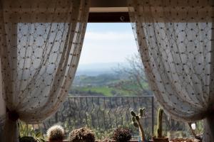 a window with curtains and a view of a vineyard at Tenuta San Savino delle Rocchette in Poggiolo