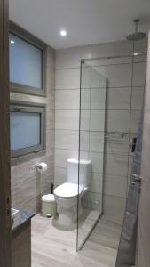 a bathroom with a toilet and a glass shower at Menies Mediterranean Heights in Parekklisha +22 photos