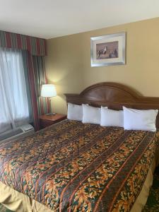 a hotel room with a large bed with white pillows at Mt. Vernon Motel in Manheim