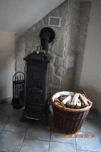 a fireplace in a room with a basket of logs at Ferienhaus Harzvorland in Ballenstedt