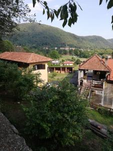 vista su una casa con una montagna sullo sfondo di Fattoria del pino a Miasino