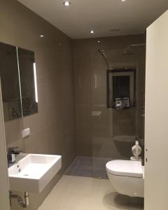 La salle de bains est pourvue de toilettes et d'un lavabo. dans l'établissement Luxe Apartment am Rhein, à Worms