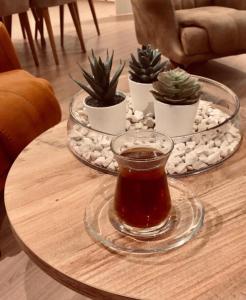 un tavolo con un vassoio di vetro con piante sopra di Mountains view a Bursa
