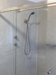 eine Dusche mit einer Glastür mit einem Duschkopf in der Unterkunft Lemontree Cottage in Kingscote