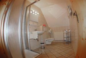 a bathroom with a shower and a toilet and a sink at Landgasthof im Ehegrund in Sugenheim