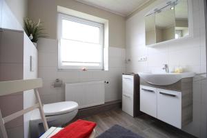 a bathroom with a sink and a toilet and a window at Ferienhof-Friedenshof-Gerste in Vollerwiek