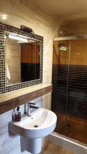 y baño con lavabo y ducha acristalada. en Hotel Grodzki, en Sandomierz