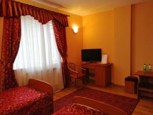 a room with a bed and a tv and a window at Hotel Grodzki in Sandomierz