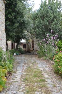 un sentiero in pietra in un giardino con alberi e fiori di Sa Domu de sa Contissa a Sèlegas