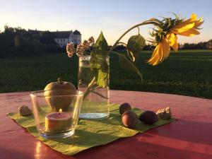 una vela y un jarrón con flores y fruta en una mesa en Ferienwohnung Walkershofen, en Simmershofen